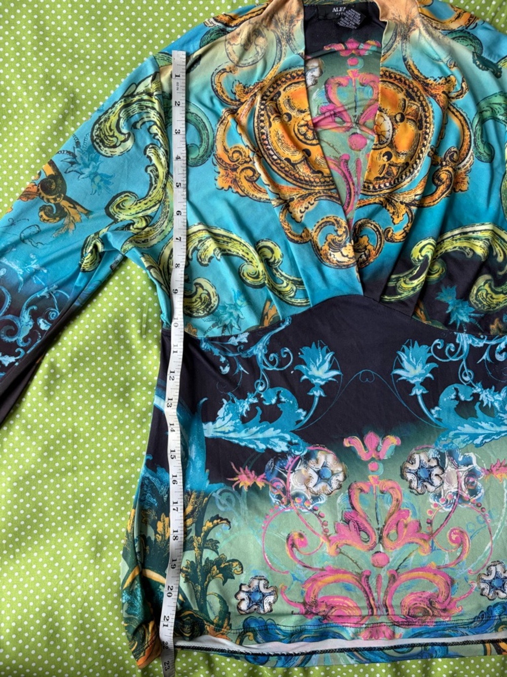 Alfani Long-Sleeve V-Neck Top in Teal, Turquoise, Pink and Gold Baroque Print - Picture 7 of 7